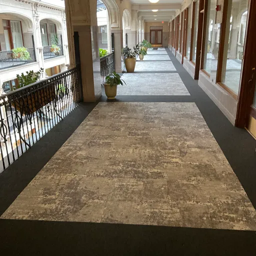 Grove Arcade renovation in Asheville commercial carpets in a hallway